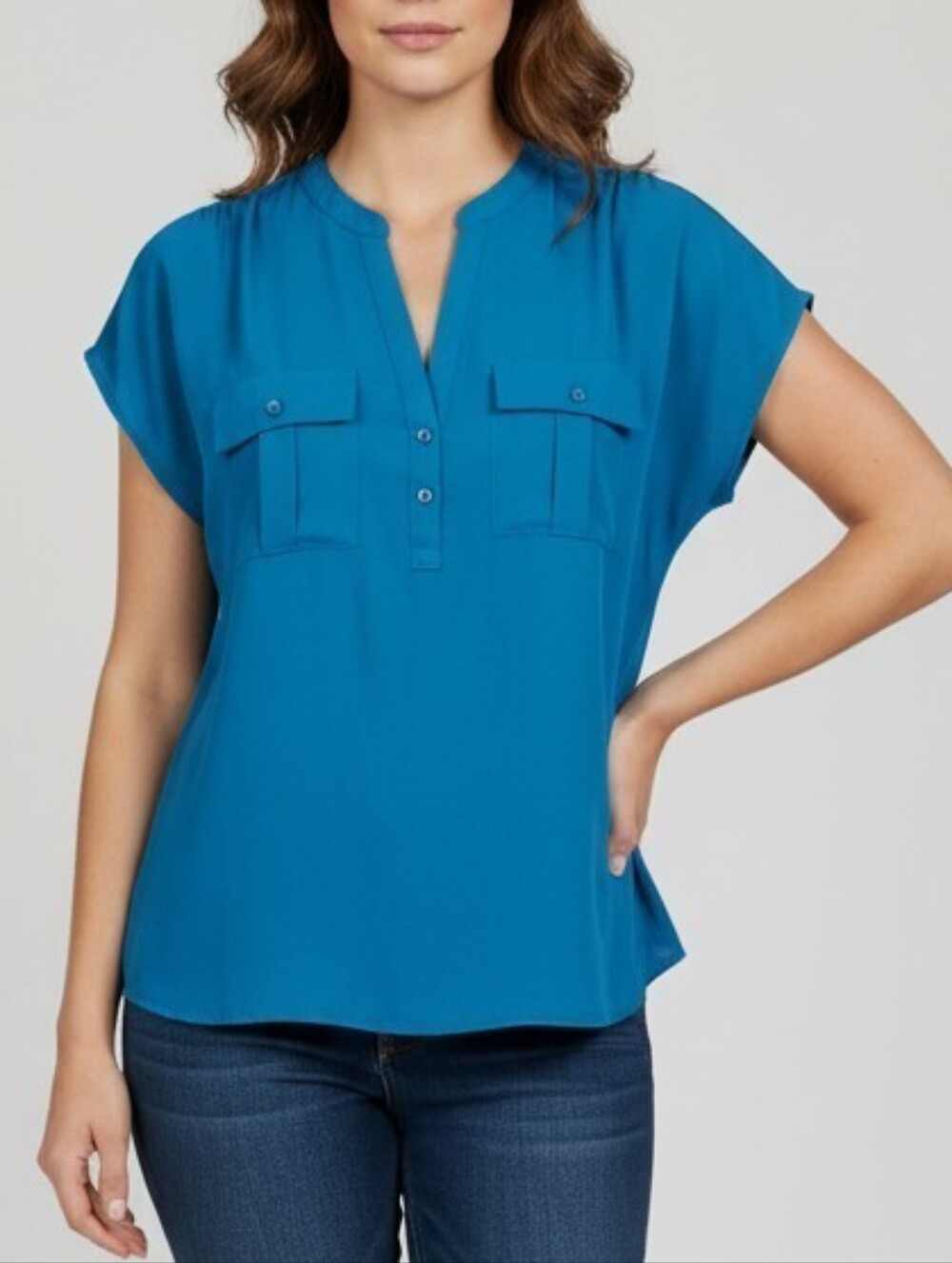 INC International Concepts Teal Cap-Sleeve Split-Neck Pocket Blouse
